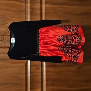 Rare Editions long-sleeved dress with black velvet top and red satin bottom